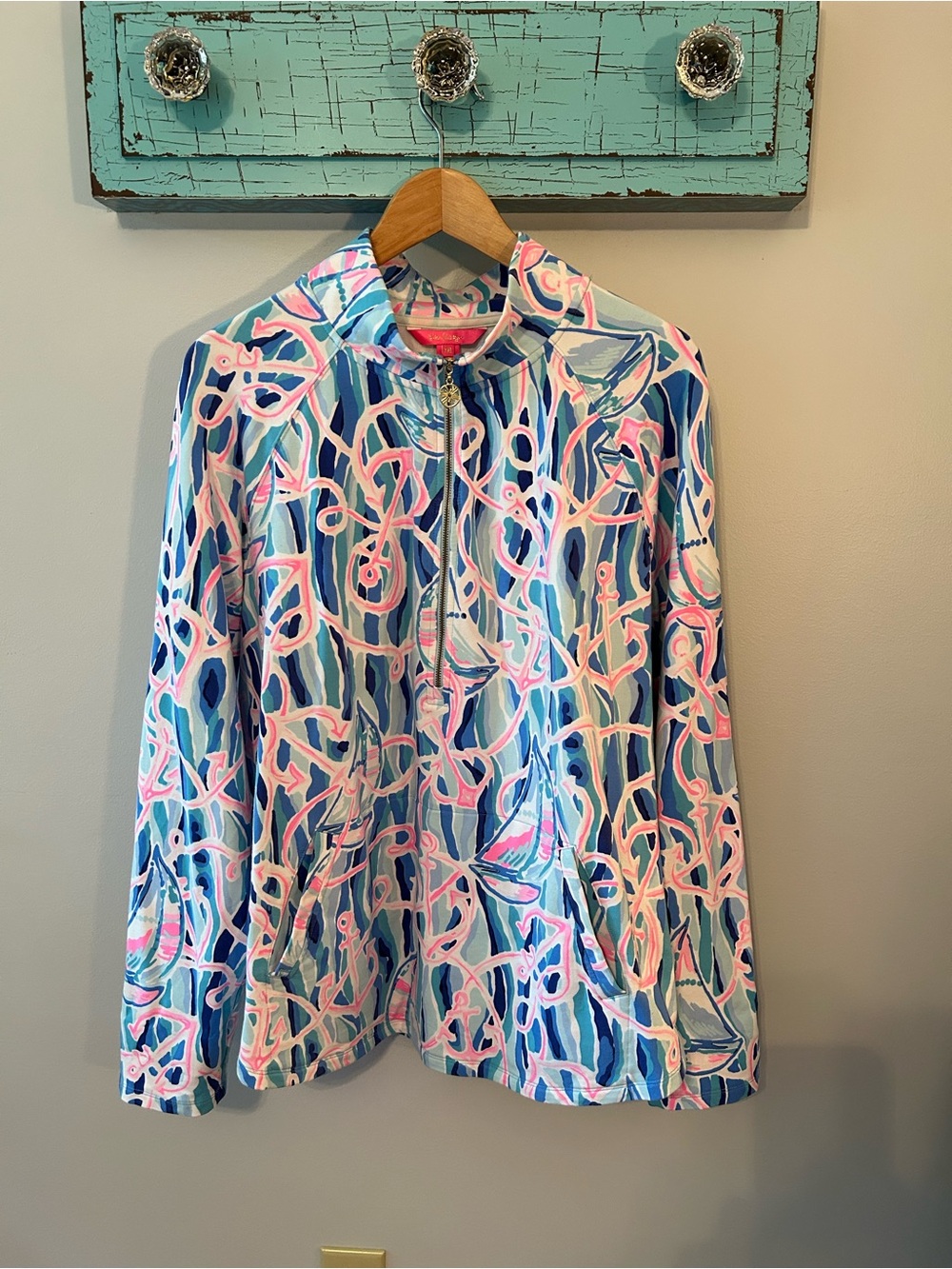 Lilly Pulitzer Blue, Pink & White Abstract Zip Jacket